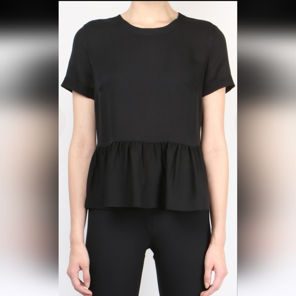 Veronica Beard Betts Cotton Blend Peplum Top Black Size S Stretch Short Sleeve